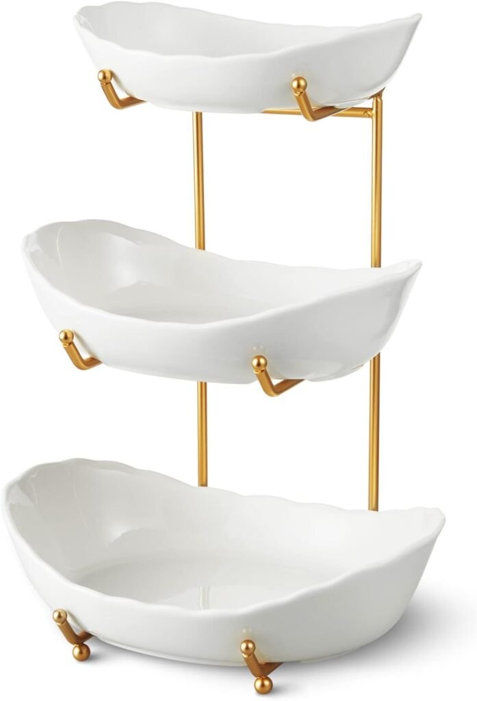 Bowl for Kitchen Counter - 3 Tier Ceramic Serving Bowls with Metal Stand